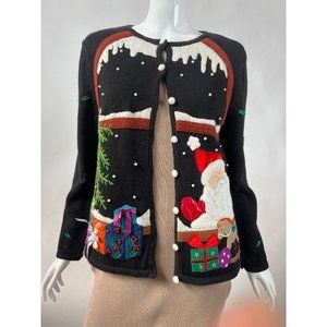 Hampshire Studio Christmas Holiday Cardigan Sm Blk Santa 55% Ramie, 45% Cotton
